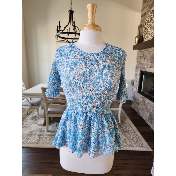 NWOT Maeve by Anthropologie Ashton Blue Floral Smocked Mesh Peplum Top XS - Picture 3 of 11